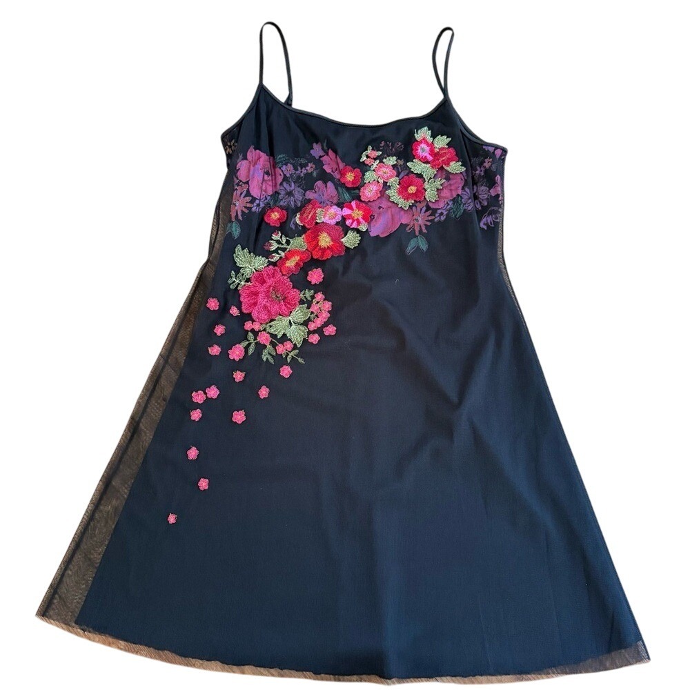 Adrianna Papell Evening Black Floral Embroidered Mesh Mini Dress‎ Women's 8 EUC